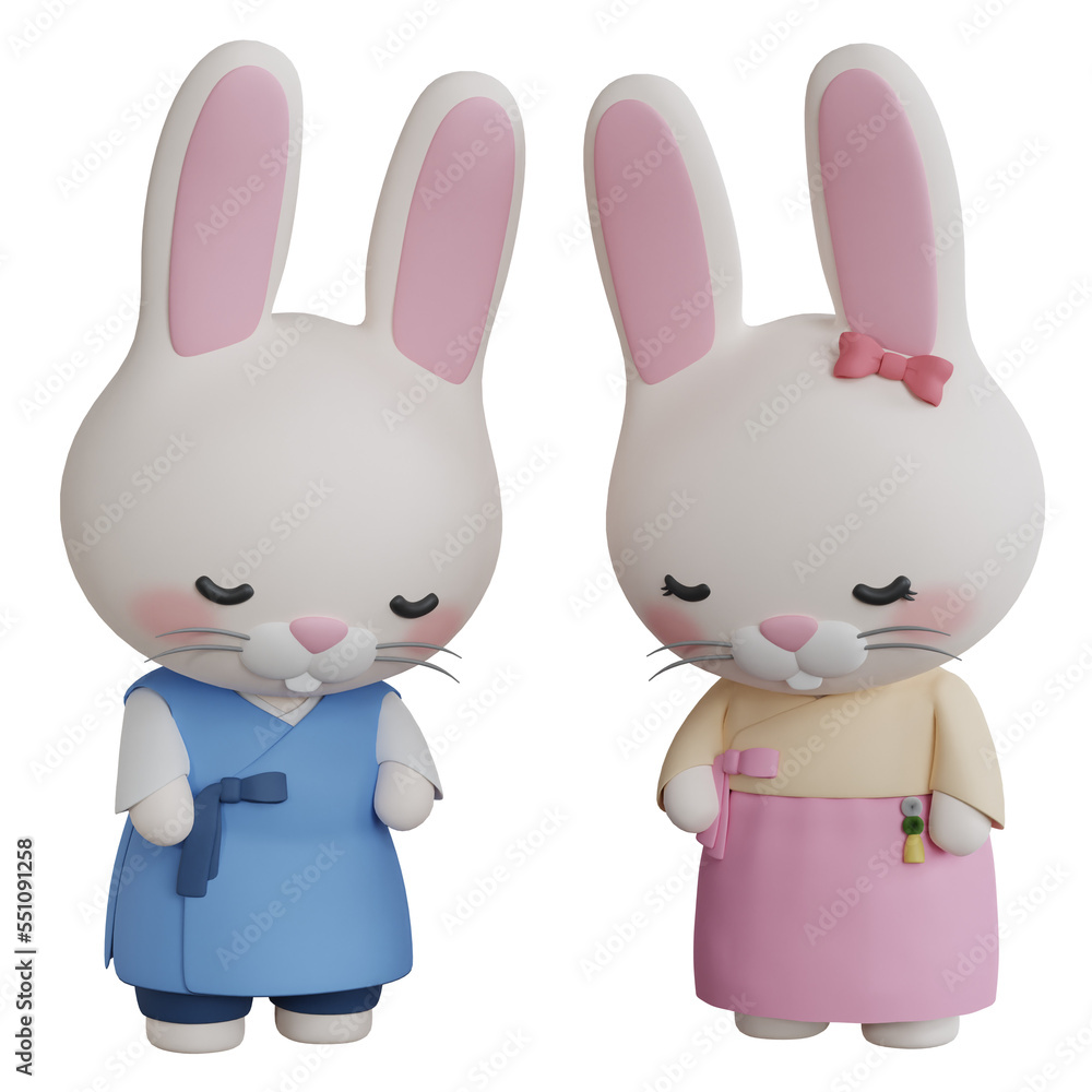 3D Rendering Rabbit Wearing Hanbok Greetings. PNG Transparent Background. 3D Rendering Rabbit Wearing Hanbok Greetings. PNG Transparent Background.