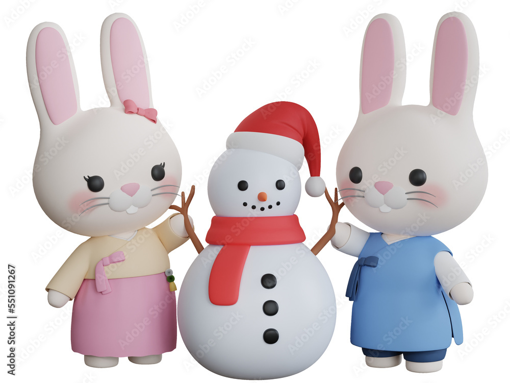 3D Rendering Rabbit Wearing Hanbok Decoration Snowman. Christmas Winter Theme. PNG Transparent Background. 3D Rendering Rabbit Wearing Hanbok Decoration Snowman. Christmas Winter Theme. PNG Transparent Background.