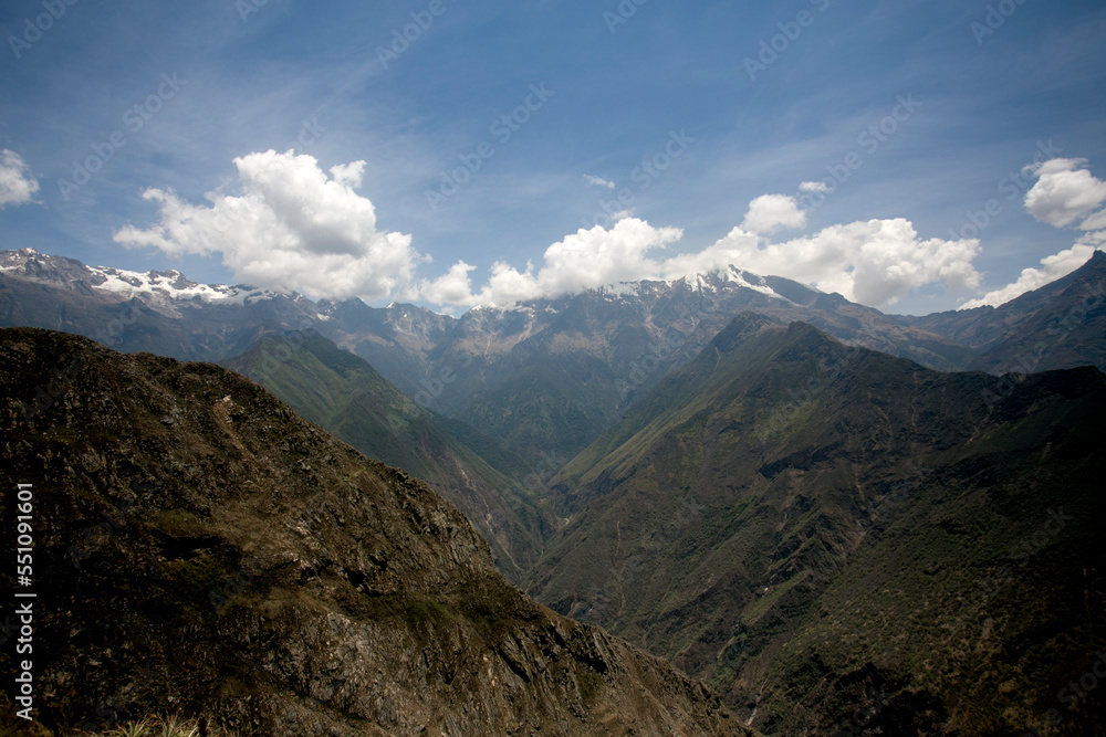 Fototapeta premium Hike through the Apurímac canyon to the ruins of Choquequirao, an Inca archaeological site in Peru, similar in structure and architecture to Machu Picchu.