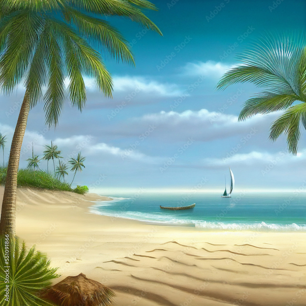 Holiday poster of a beautiful tropical sand beach with palms under a  blue sky made with generative AI
