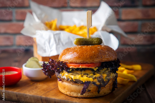 Homemade hamburger served w...