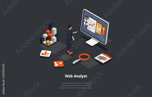 Concept Of Testing, Data Analysis, Debugging And Analyst. Web Analyst Man Marketer Analyzing Chart, Diagram On Computer, Analytic Business And Reporting Data. Isometric 3d Cartoon Vector Illustration