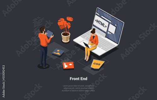 Front And Back End Of Development, Responsive Web Design, Website Interface, Coding and Programming. Man And Woman IT Developers Working On New Startup Or Project. Isometric 3d Vector Illustration