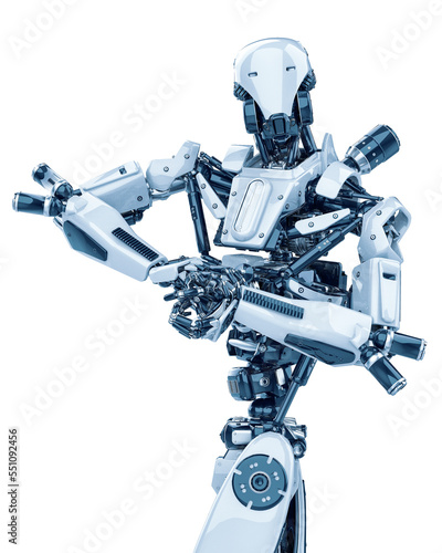 mega yellow robot super drone bodybuilder pose in a white background