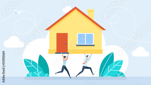 A husband and wife run holding a house above their heads. People moving or leaving their homes and offices. Family couple pack belongings and relocating to new apartments. Flat vector illustration