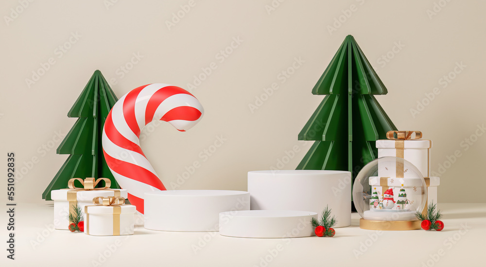 Realistic 3D Premium Christmas template. White pedestal or stand podium for show product display. Christmas tree wood decoration on brown background. 3d render illustration