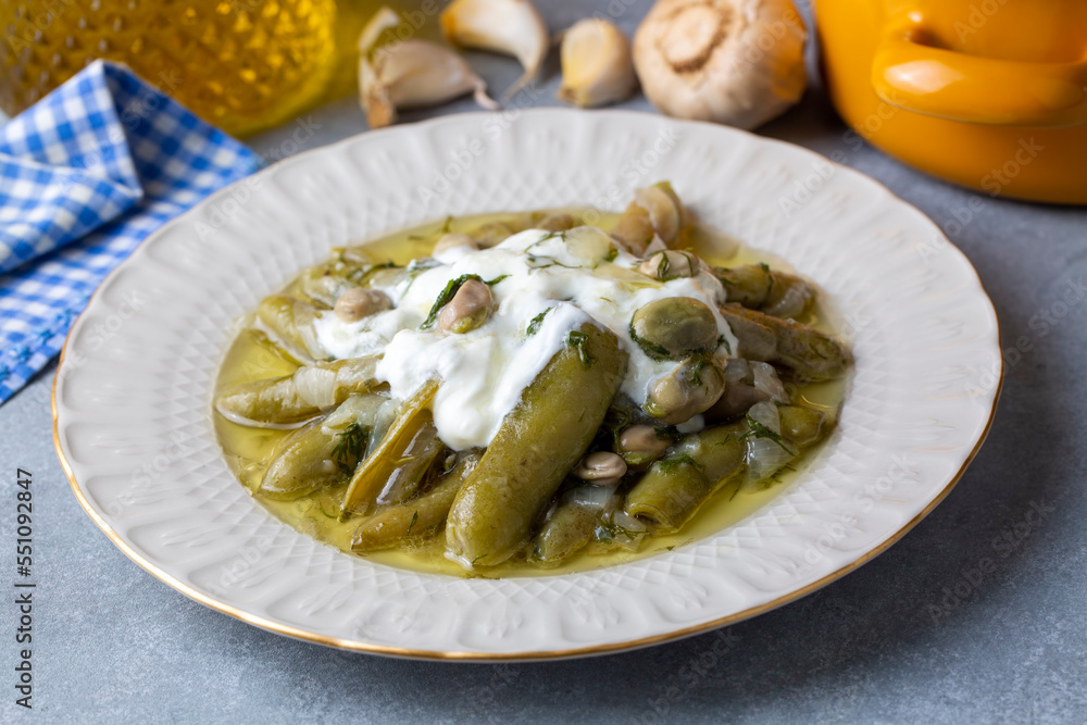 Turkish Food Broad Beans with Yogurt, Dill and Olive Oil Zeytinyagli Bakla. Turkish Food Broad Beans with Yogurt, Dill and Olive Oil Zeytinyagli Bakla.
