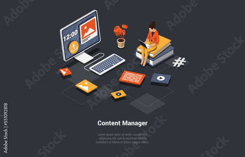 Social Media Marketing, Layout Content And Online Promotion. Woman Content Manager Create Successful Content, Makes a Harmonious Combination on Screen of Smartphone. Isometric 3D Vector Illustration