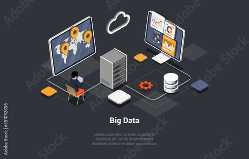 Big Data Processing Center. Server Room With Hardware Racks or Web Hosting Infrastructure. Man Controls of Working Big Data Storage and Cloud Computing Technology. Isometric 3d Vector illustration