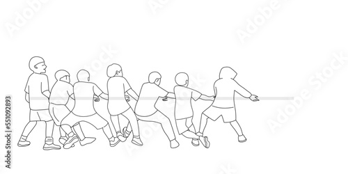Outline of group of children playing tug of war  Team sport in vector.