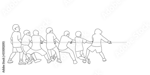 Outline of group of children playing tug of war, Team sport in vector.