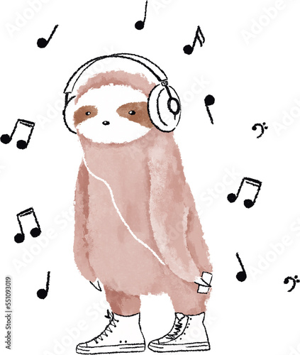 Cool sloth listening to the music in headphones. Cute watercolor animals illustration