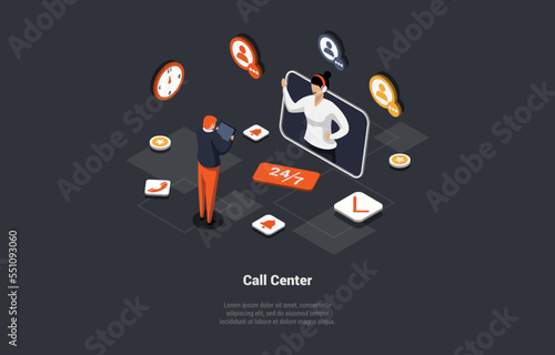 Concept Of Call Center, Technical Support 24 7. Hotline Operator Advise Customers. Woman Virtual Online Consultant In Headphones Helping Customer To Solve Problems. Isometric 3d Vector Illustration