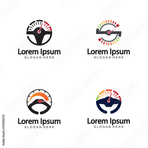 Steering Wheel and speedometer logo template. Driving school vector design.