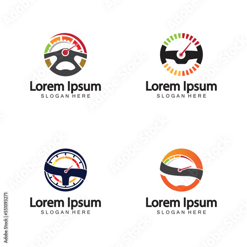 Steering Wheel and speedometer logo template. Driving school vector design.