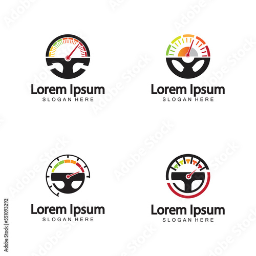 Steering Wheel and speedometer logo template. Driving school vector design.