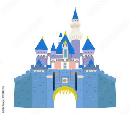 fairy castle with turrets and triangular roofs. Fancy windows and decorations. Bright colored kids building.