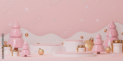 Christmas and New Year festival with realistic round podium studio with stand to show product. Stage showcase in pink background. 3d render illustration