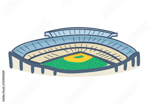Hand drawn stadium with green grass. Football baseball players stadium in doodle style.