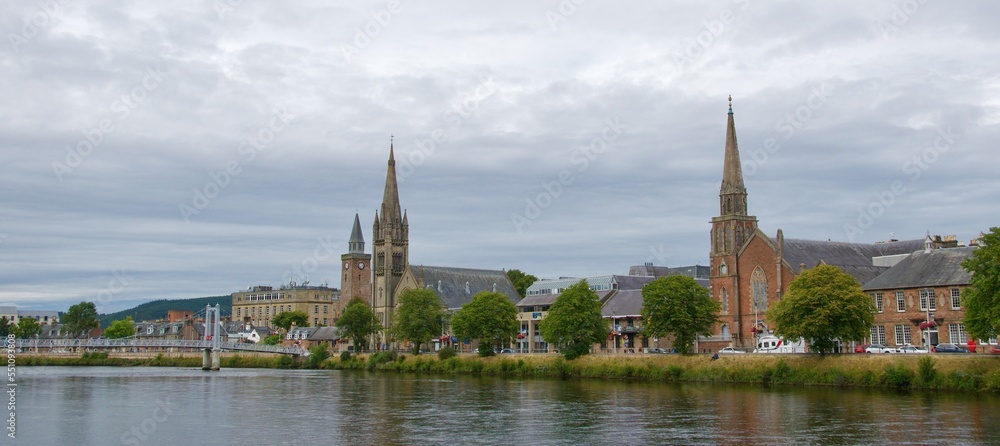 Buildings along Inverness River in the Highland, Scotland