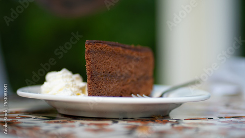 Canvas Print Austrian chocolate Sacher cake with cream