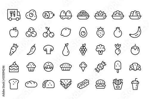 Food icons set. Containing meal, restaurant, dishes and fruits icon.   Thin line icon set