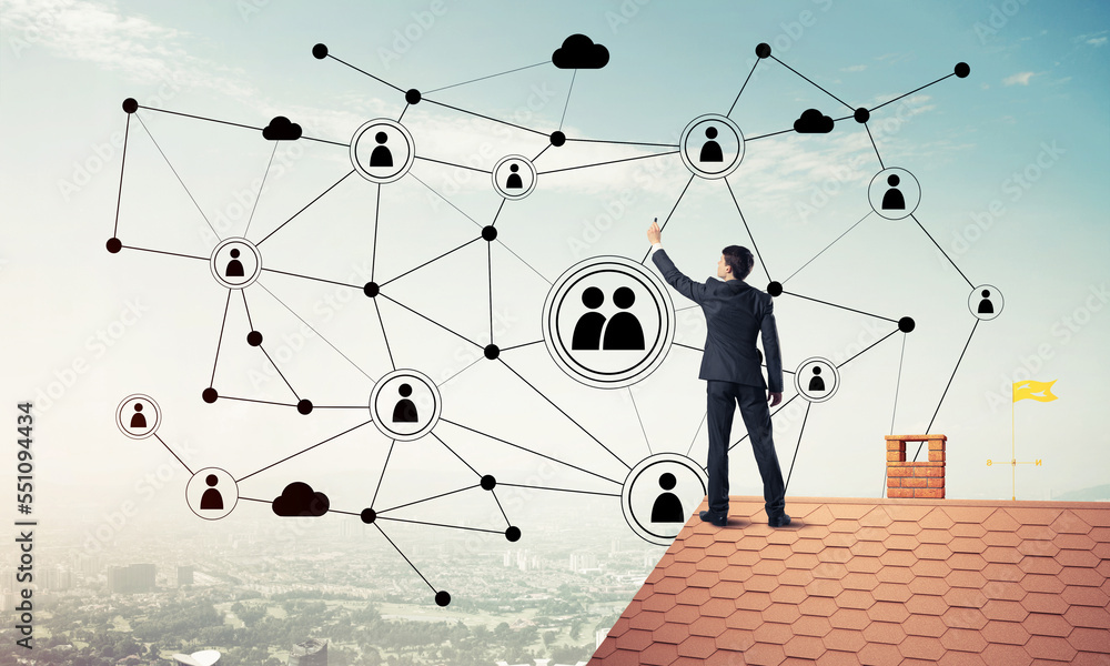 Businessman on house roof presenting networking and connection c Businessman on house roof presenting networking and connection c