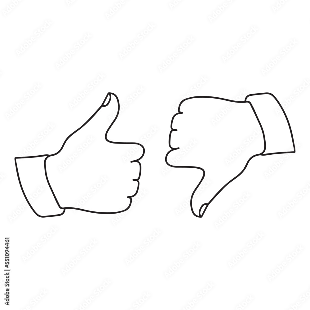 Thumbs up and down. Contour Line Icons Like and dislike. Vector illustration Thumbs up and down. Contour Line Icons Like and dislike. Vector illustration
