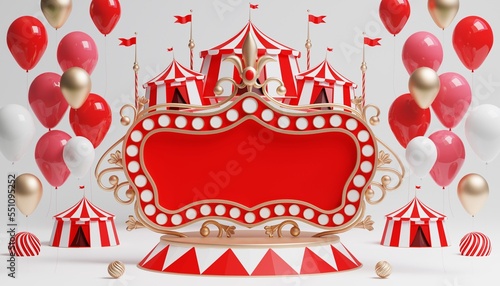3d Carnival podium with many rides and shops circus tent 3d illustration 