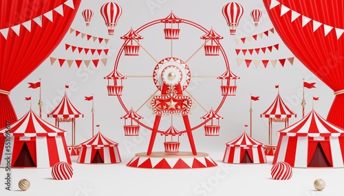3d Carnival podium with many rides and shops circus tent 3d illustration
