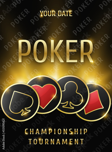 Poker tournament banner. Poker logo with playing card suit chips. Clubs, diamonds, spades, hearts on a black background. Vector illustration.