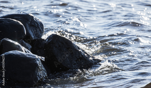 Shore water and wet coastal stones. Close-up natural photo