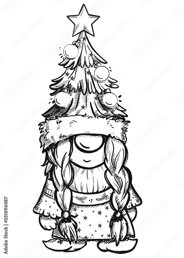 Hand draw black and white illustration gnomes. Merry Christmas and happy New Year