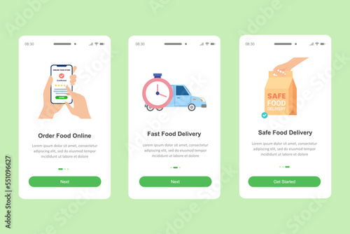 Vector illustration of onboarding screens for online food delivery app. UI UX screen template for mobile application.