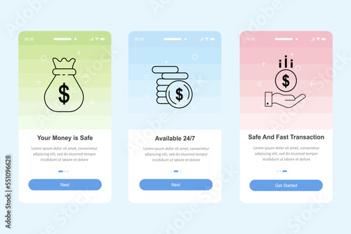 Online payment transaction service. Three simple steps. Onboarding screens template for mobile applications and websites. vector illustration