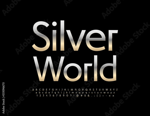 Vector metallic emblem Silver World. Stylish Steel Font. Modern Alphabet Letters and Numbers set