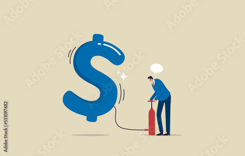 Economy or financial crisis. ..Investment bubble causing. .Businessman pumping air into big floating balloon with US dollar symbol.