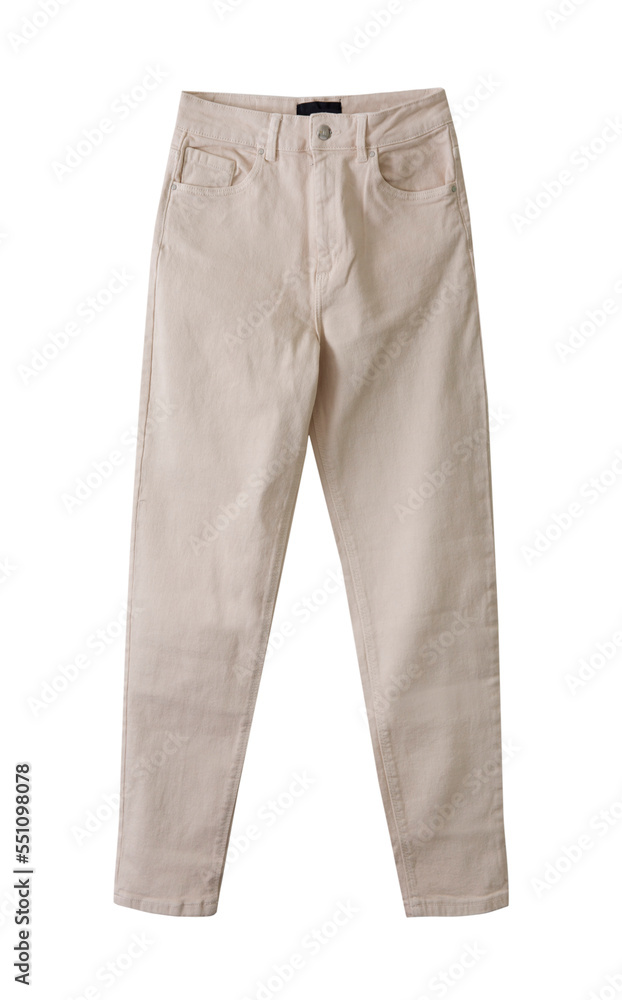 Beige jeans, cotton trousers isolated on white. Female pants. Beige jeans, cotton trousers isolated on white. Female pants.