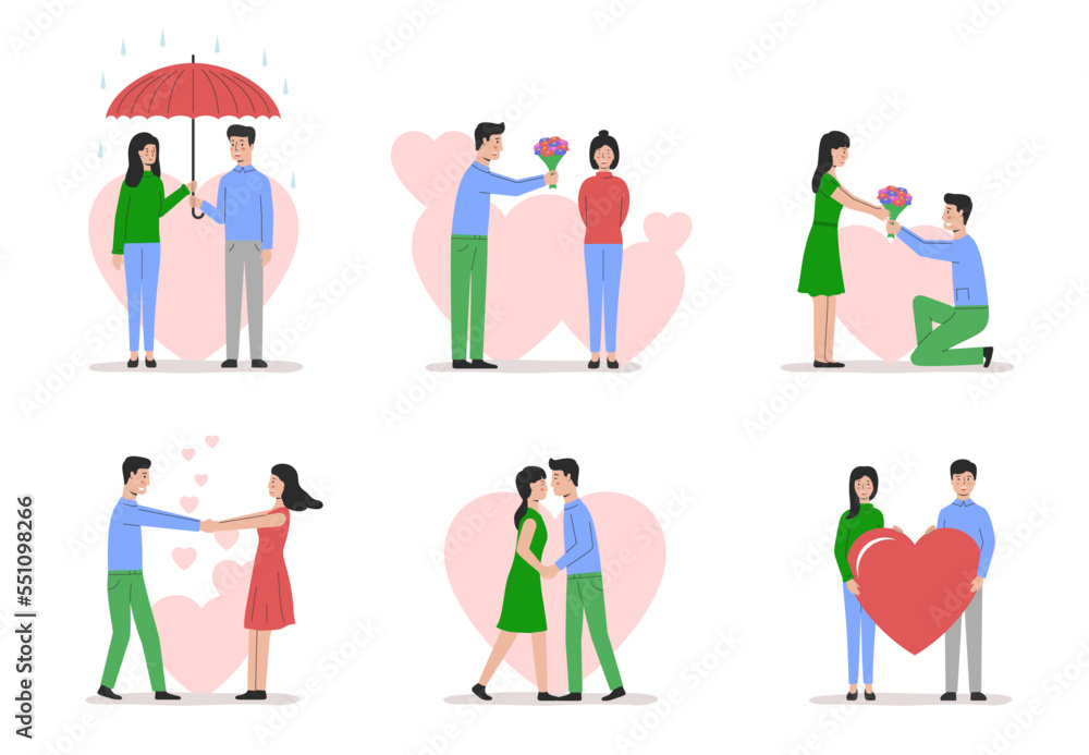 Concept Of Celebrating Valentines Day. Happy Boy And Girl In Love Giving Gifts To Each Other. Guy Makes a Proposal to Girl. Human Relationships, Happiness Love. Cartoon Flat Vector Illustrations Set