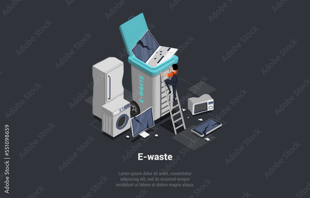 Zero Waste, Reuse, Eco-Friendly, Segregation And Recycling Garbage. Character Collecting And Throwing E-Waste Into Container. Recycling Of Electronic Waste Trash. Isometric 3d Vector Illustration