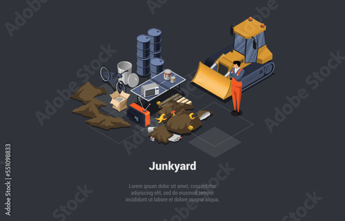 Recycling And Zero Waste Concept. Character At Big Dump With Trash and Rubbish. Organic, Metal, E-Waste, Metal, Plastic Trash. Bulldozer Shovels Garbage At Junkyard Isometric 3d Vector Illustration