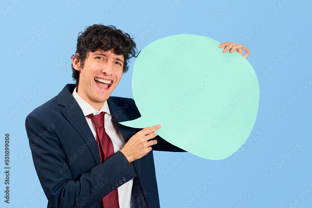 Businessman with dialogue bubble in blank on blue flat lay. Businessman with dialogue bubble in blank on blue flat lay.