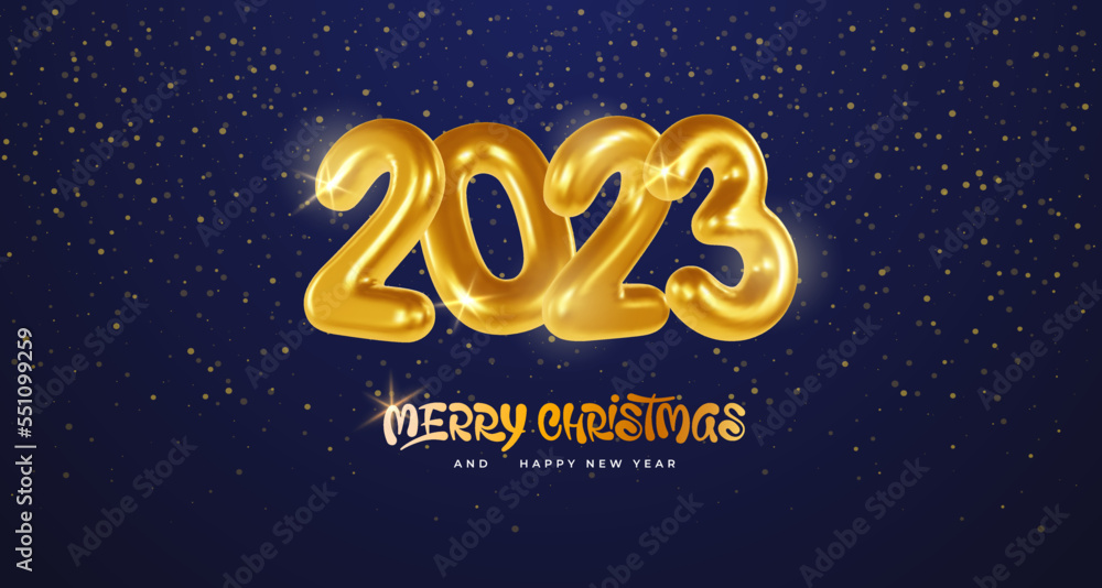 Merry Christmas and Happy New Year 2023 greeting card. Realistic gold metal glossy and shiny numbers on dark blue background with falling glitters. Calligraphy inscription. Vector 3d illustration
