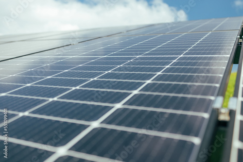 Close-up of Solar cell farm power plant eco technology.landscape of Solar cell panels in a photovoltaic power plant.concept of sustainable resources and renewable energy. 