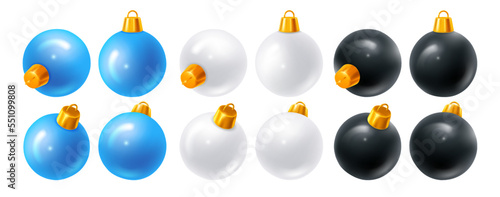 Glossy plastic 3d realistic Christmas balls or toys set from different angles or projections. Blue, white and black color, with golden mount. Vector illustration