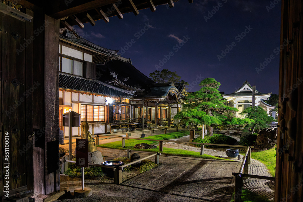 Quiet garden in Japanese temple at night