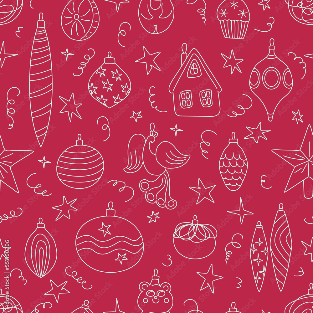 Seamless pattern with doodle Christmas baubles vector illustration. Hand drawn Xmas toys. White outline ornaments. Viva Magenta color of the year 2023 Childish line print Seamless pattern with doodle Christmas baubles vector illustration. Hand drawn Xmas toys. White outline ornaments. Viva Magenta color of the year 2023 Childish line print