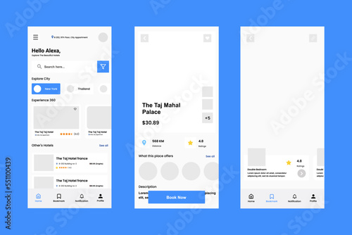Set of UI, UX, GUI screens Hotel Booking app flat design template for mobile apps, responsive website wireframes.