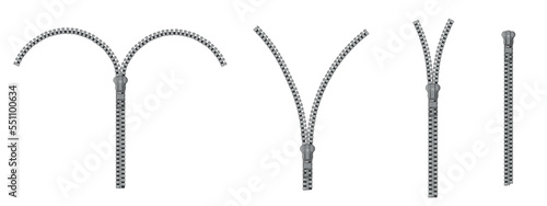 Metal zippers, silver or steel zippers with puller, garment accessories, open or closed garment lock isolated on white background