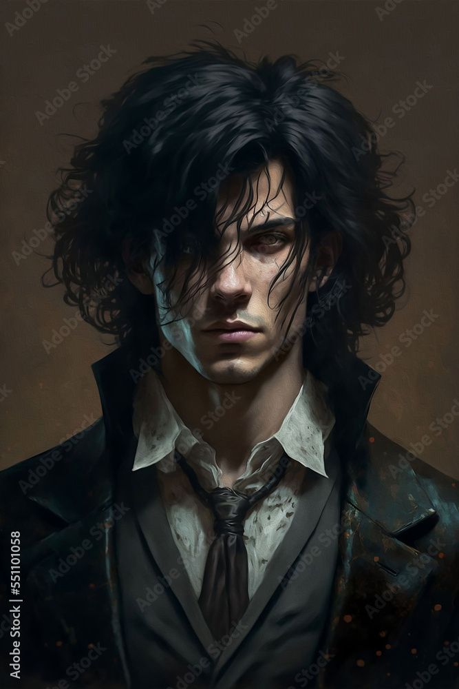 young male illusionist with messy black hair digital art Stock